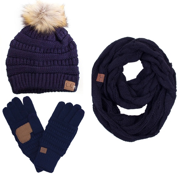 C.C 3pc Knit Warm Pom Beanie Gloves Scarves Set main image 4